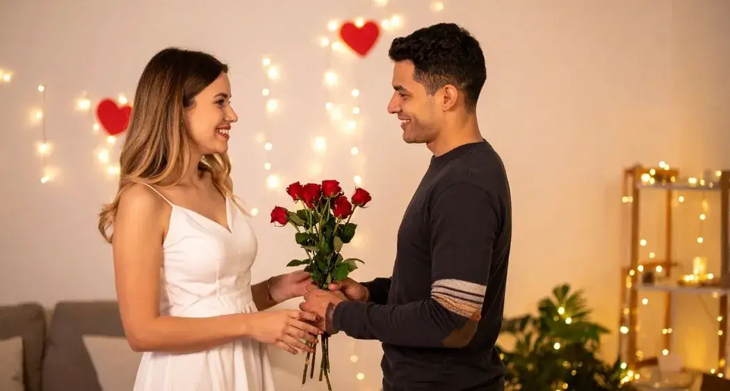 Couple celebrating Valentine’s Day in a clean and cozy home with roses